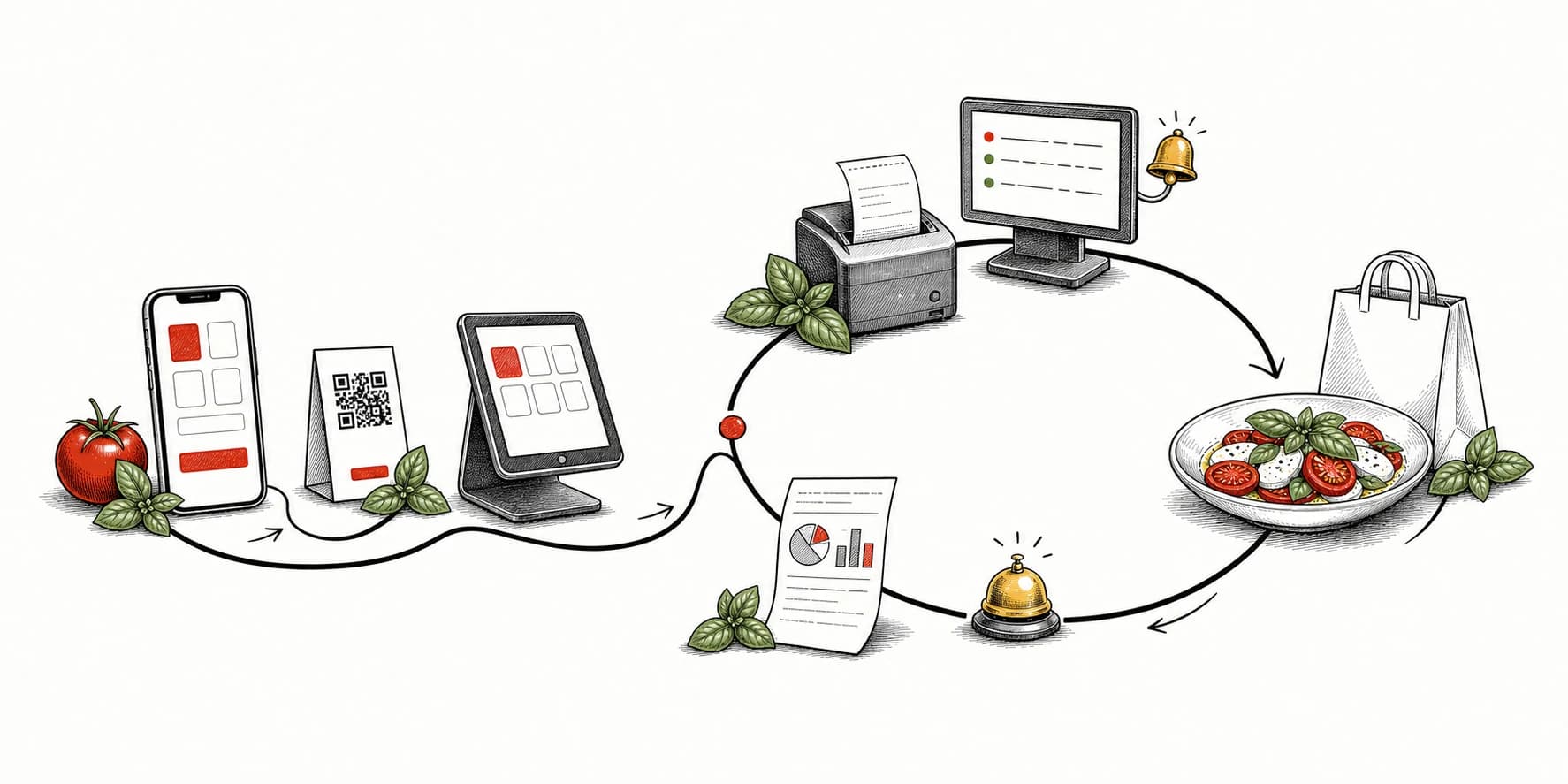 An illustrated service line connecting web, QR, and counter orders with kitchen, expo, guest handoff, and reporting