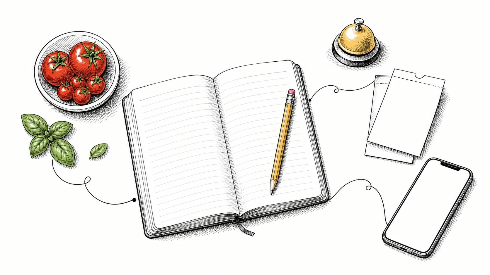 An illustrated operator notebook, order tickets, phone, tomatoes, basil, and service bell